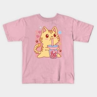 Kawaii Cat Strawberry Boba Tea Kids T-Shirt